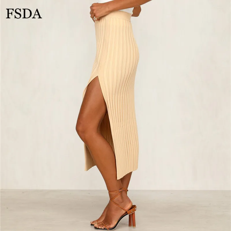 FSDA Side Slit Bodycon Skirt Sexy Cotton Casual Side Sexy Long White Office Women Spring Split Elegant Summer Midi Skirts