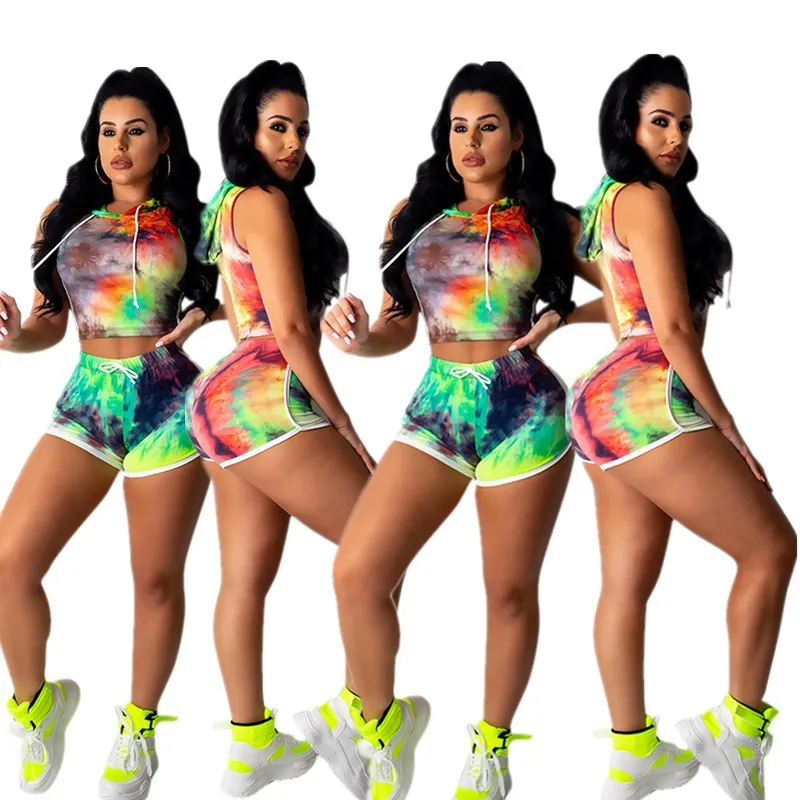 

MH7016 Sexy Women's Tight Lace Up Umbilical Nightclub with Hooded Sleeveless Tie Dyed Sweater Hot Shorts 2 Piece Suit
