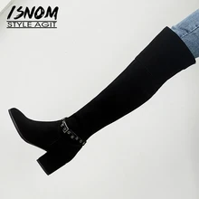 ISNOM/женские сапоги на высоком толстом каблуке; обувь с острым носком на молнии; теплые женские Сапоги выше колена из коровьей замши; Новинка года; Цвет Черный