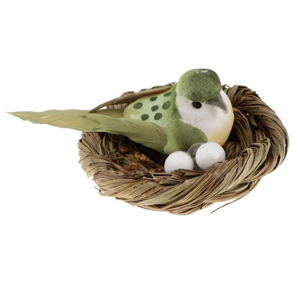 Mini Feather Foam Bird Artificial Hay Bird Nest & Birds Eggs for Indoor Outdoor Plant Ornament Yard Garden Decor