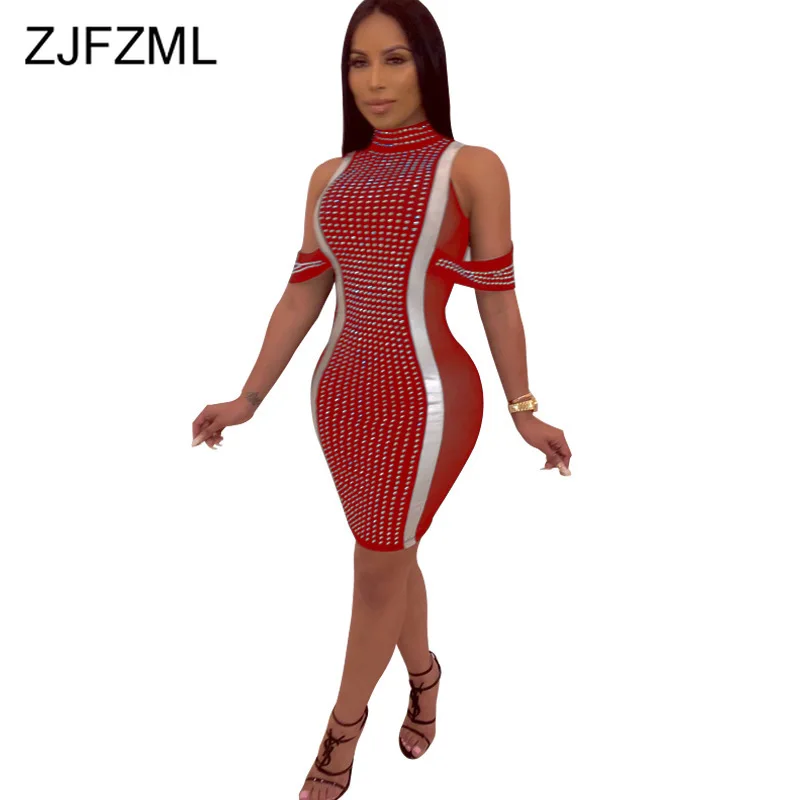 

Sheer Mesh Spliced Sexy Plus Size Dress Women Shiny Rhinestones Off Shoulder Sheath Dress Elegant Stand Collar Perspective Dress