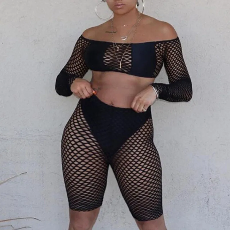 

Women's Sheer Bikini Set Plain Fish Net Cover Up Swimwear Swimsuit Hollow Out Transform Bathing Suit Summer Tops Pants Set