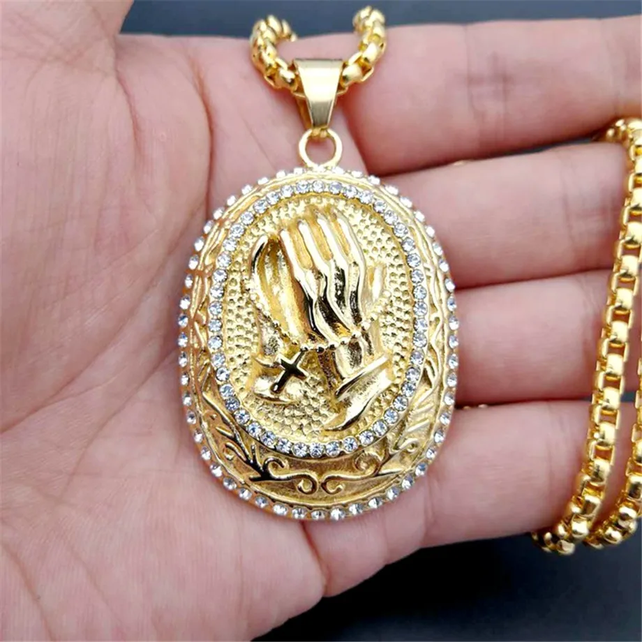 

Christian Prayer Hands Necklaces & Pendants Gold Color Stainless Steel Iced Out Bling Rhinestones Necklace For Women/Men Jewelry