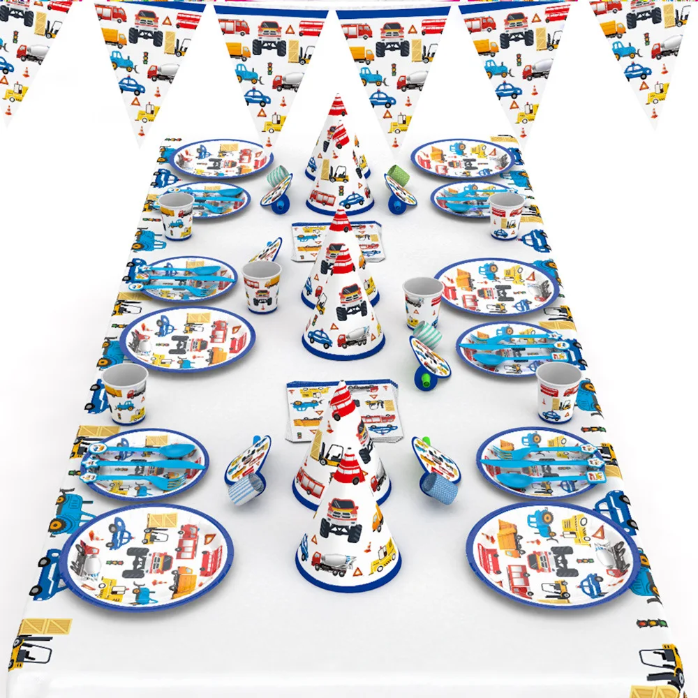 

Cartoon Cars Party Disposable Tableware Plate Tissue Tablecloth Cup Construction Vehicle Birthday Party Supplies Decorations