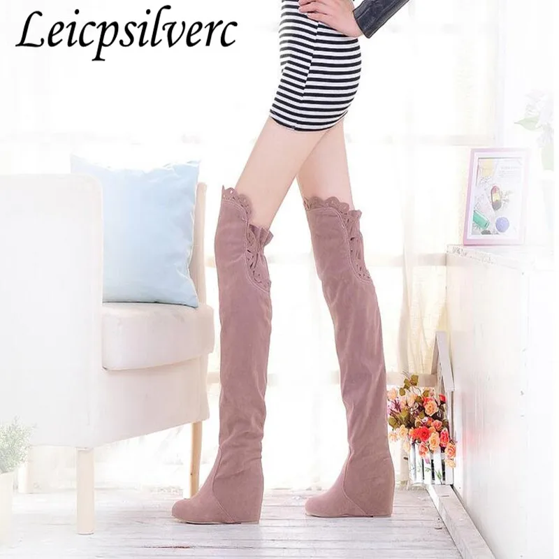 

New Hot Sell Brand Women's Fashion Over The Knee High Heel Warm Winter Long Boots Inner Wedge Knight Boots Plus Size 34-43