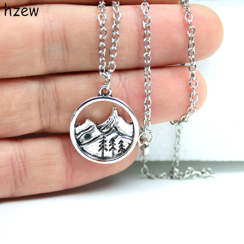 

1pcs Lovely round pendant Pine Tree charm under the mountain necklace camping jewelry Outdoor Jewelry Gifts for Campers