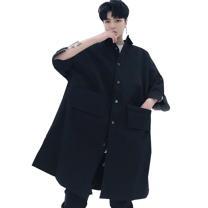 

Men Black Short Sleeve Shirt Style Long Jacket Male Fashion Hip Hop Punk Gothic Outerwear Streetwear Loose Casual Shirt Coat
