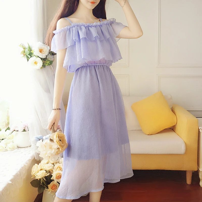 

Korean Sweet Slim Robe Femme Ete 2018 Slash Neck Purple Romantic Women Dress Short Sleeve Elegant Chiffon Ladi Midi Ruffle Dress