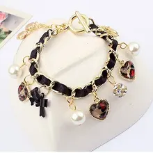 Винтаж Мода ретро сердце Леопард Стразы Жемчуг Браслет B2