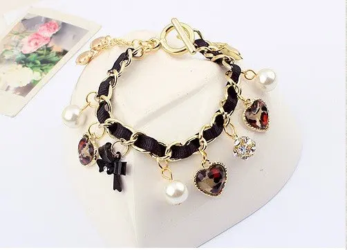 

Vintage Fashion Retro Heart Leopard Rhinestone Pearl Bangle Bracelet B2