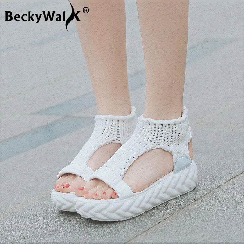 

Fashion Women's Platform Sandals Knitting Wool Peep Toe White Black Ladies Shoes Gladiator Sandals Women Summer Shoes WSH3290