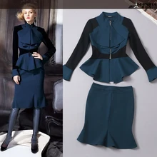 Fashion 2016 Autumn Women’s Bodycon 2 Pieces Set Long Sleeve Blouse+Slim Skirt Work Wear Suit Formal Elegant Twin Set