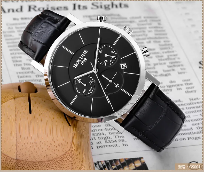 Роскошные HOLUNS мужские водонепроницаемые кварцевые наручные часы с хронографом и кожаным ремешком relogio masculino