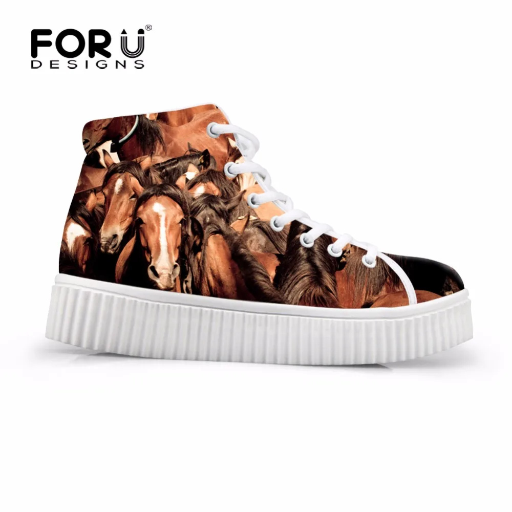 

FORUDESIGNS High Top Lace-up Shoes Woman 2017 3D Crazy Animal Horse Prints Women Flats Platform Shoes Female Height Increasing