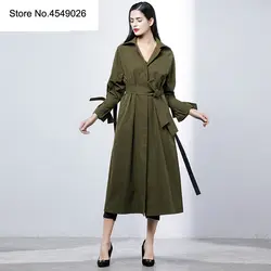 2019 Винтаж весеннее пальто женское обёрточная бумага поясом пальто длинные армейский зеленый Тренч отложной воротник верхняя одежда для