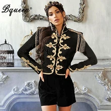 Bqueen новинка Женская однотонная черная с длинным рукавом и стоячим воротником сексуальная тонкая куртка с аппликациями модная верхняя одежда пальто