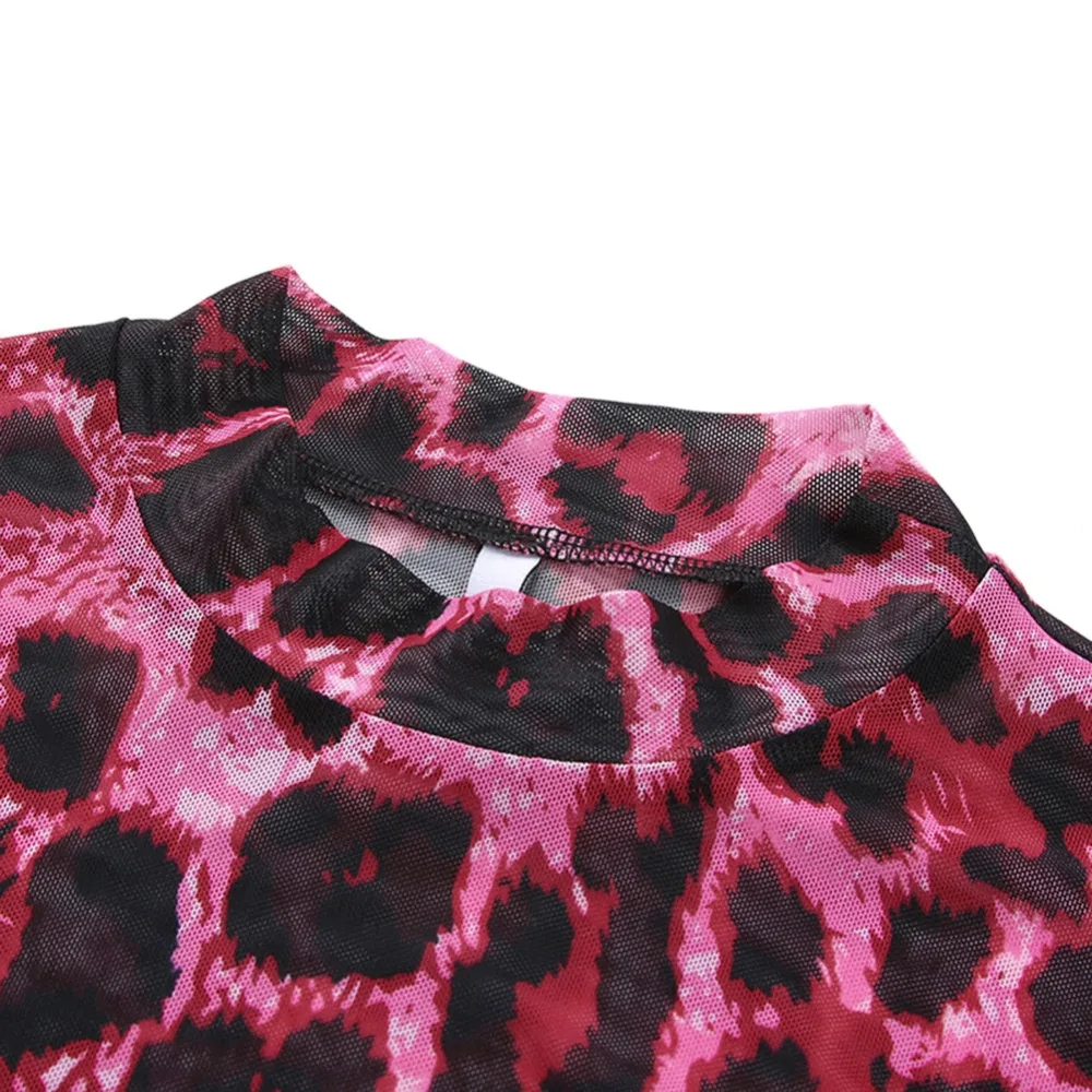 Розовый Леопардовый сетчатый топ, женская футболка с длинным рукавом, прозрачный короткий топ, футболка, лето, harajuku, Женская Сексуальная футболка, новинка