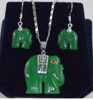 

925 cz Fancy carved green gem elephant pendant earrings set >jewelry Quartz Crystal Women Weddingnoble lady's