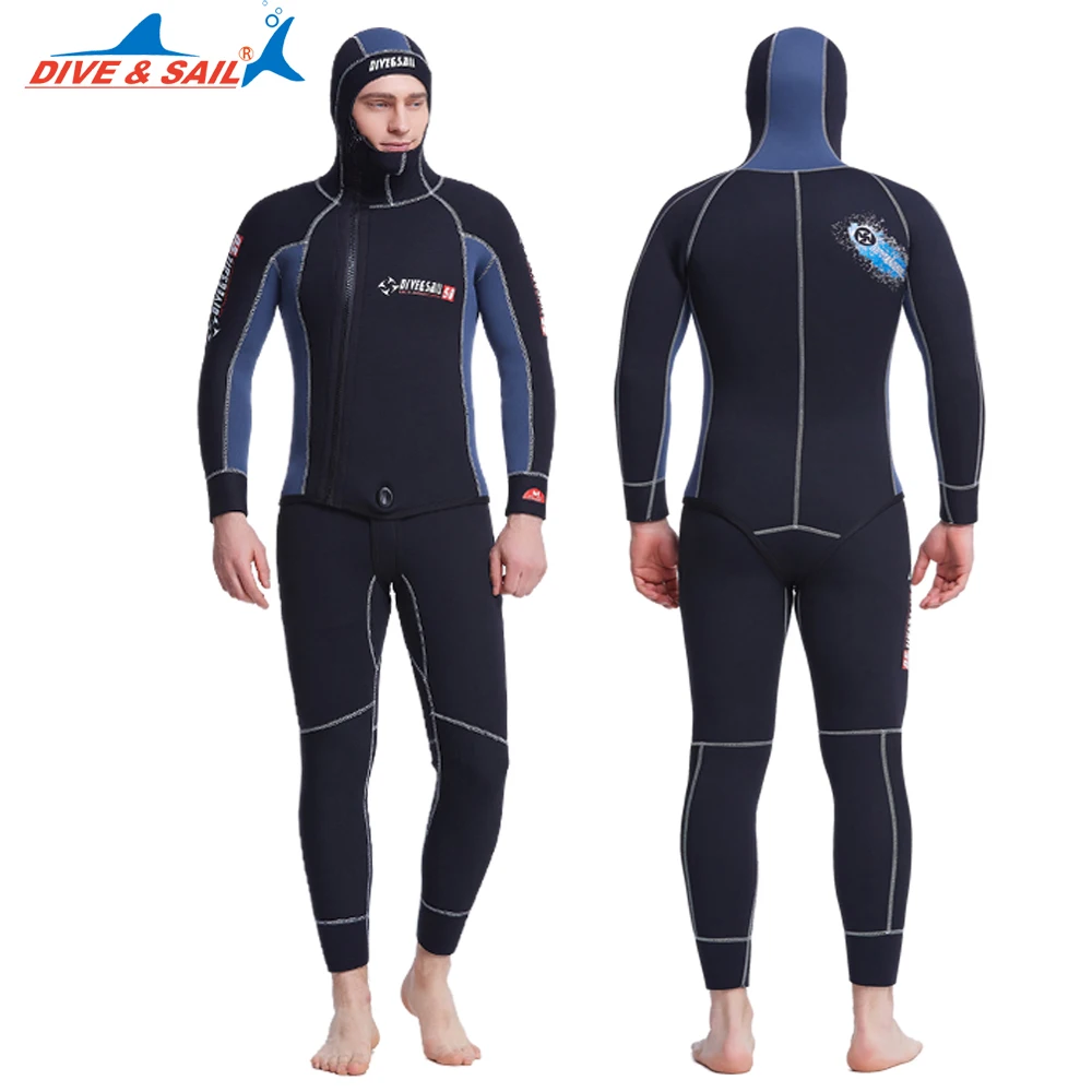 Dive&Sail mens full spearfishing wetsuits 5MM hooded wetsuit 2 Pieces