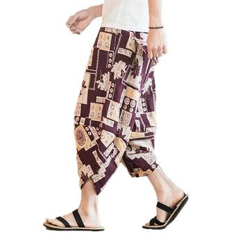 

Men's Summer Korean Cotton Linen Wide Leg Pants Mens Light Cool Hip Hop Bloomers Trousers Thin Pants Male Flower Beach Pants