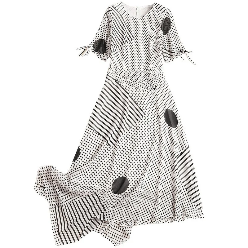 Tanie Dot długie sukienki 2019 nowa letnia nieregularna przekątna O neck casual Dress rozkloszowana spódnica szyfonowa sukienka
