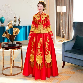 

Novelty Tassel Women Qipao Toast Clothing Traditional Oriental Embroidery Bride Wedding Dress Exquisite Evening Gowns Cheongsam