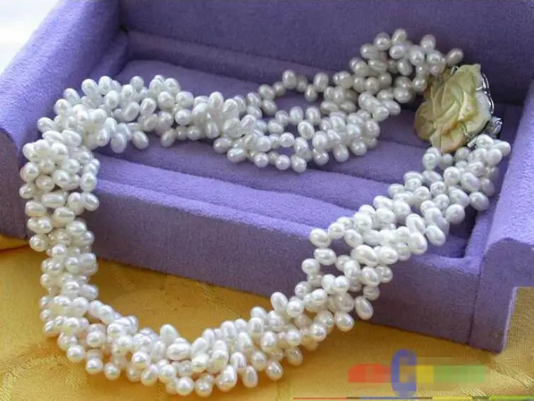 

Free shipping hot sale Women Bridal Wedding Jewelry >>4ROW 7MM white rice FRESHWATER CULTURED PEARL NECKLACE