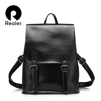 

REALER women backpack oil wax cow split leather backpack for teenage girls school backpacks large capacity shoulder bags brown