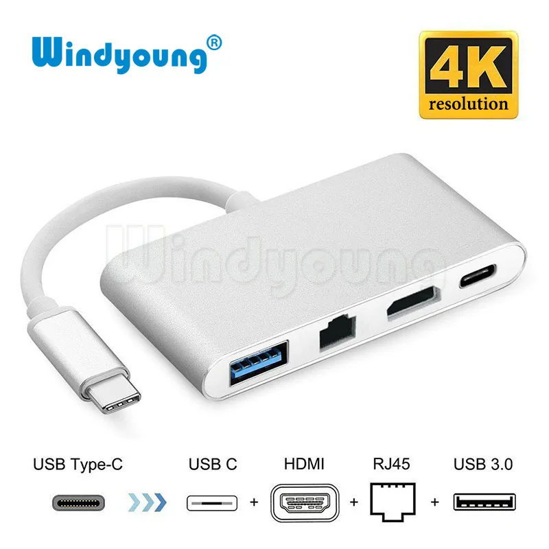 

Windyoung 4 in 1 USB-C Hub Adapter USB 3.1 Type C to HDMI 4K+Gigabit Ethernet RJ45 +USB 3.0 Multilport Digitatal Video Converter