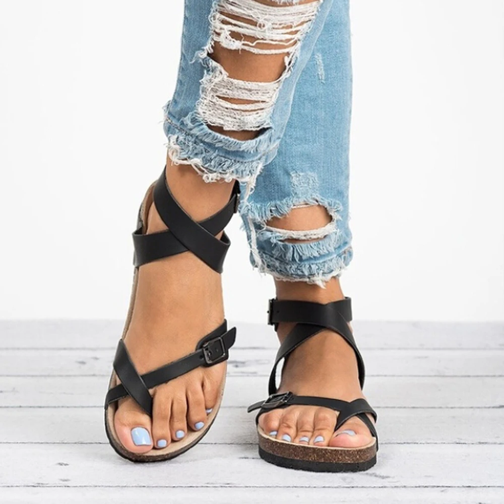 

Women's Sandals Shoes 2019 Summer Toe Thick Flat Solid PU Casual Girl Beach Female Flops Ladies Footwear Women Black Brown 35-43
