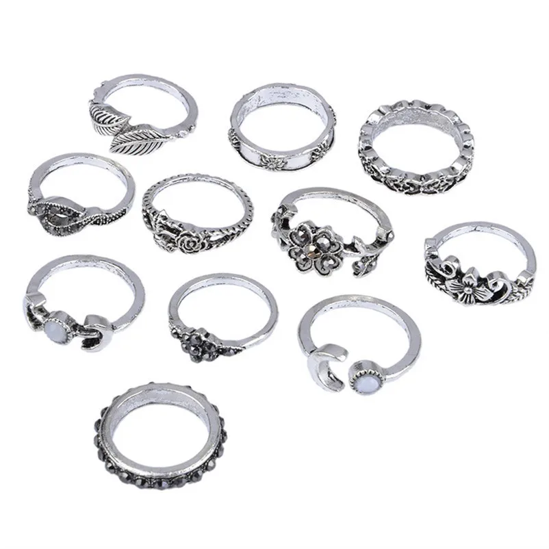 2018 New Arrival Design Women Bohemian Vintage Silver Stack Rings Above Knuckle Blue Rings Set Rings for women Ring Set J13#N (3)