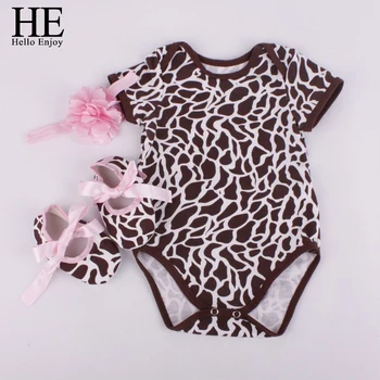 

HE Hello Enjoy Baby girl clothes sets newborn short Leopard grain baby bodysuit (Short sleeve romper + hair band+ shoes)