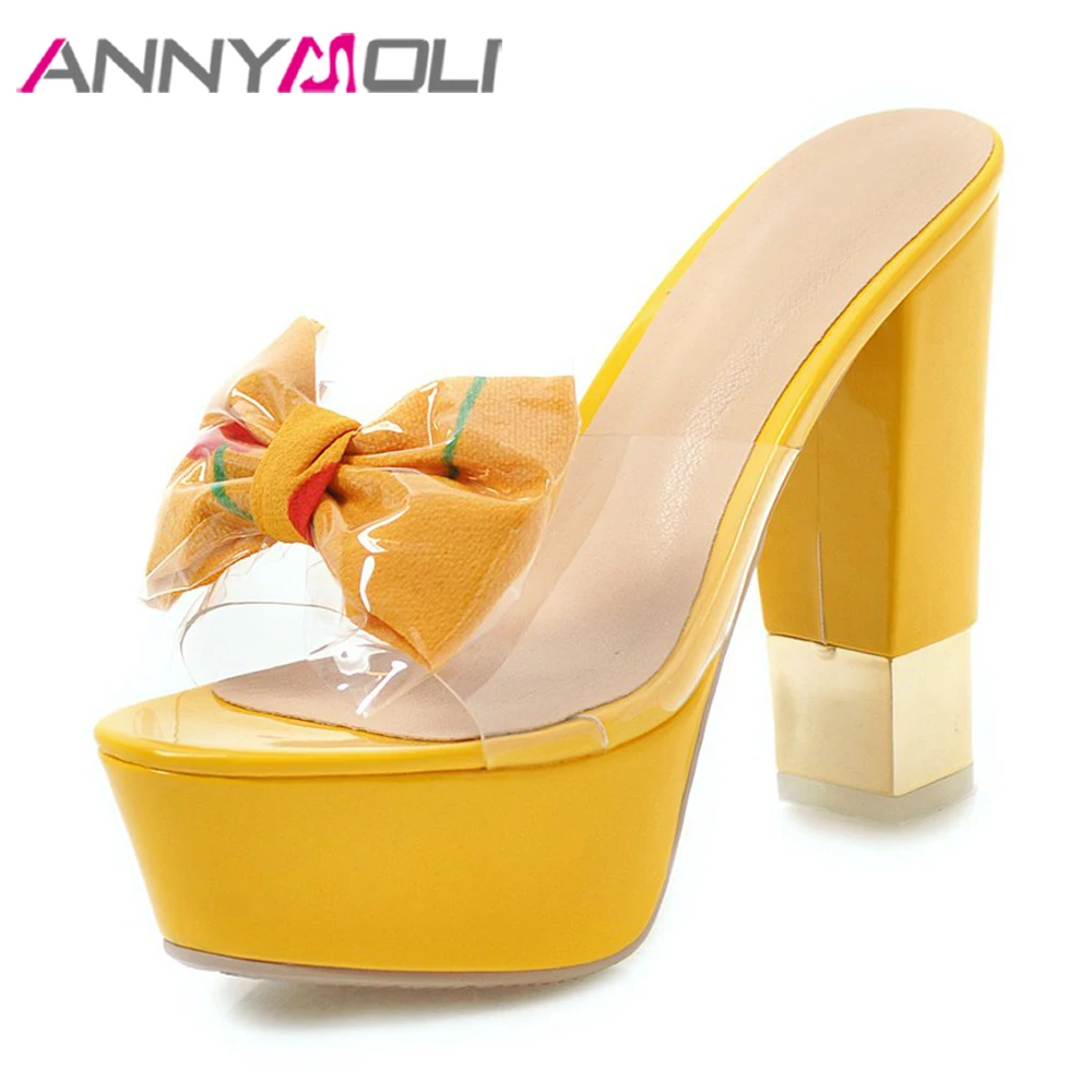 

ANNYMOLI Summer Slides Women Shoes Transparent Platform Thick Heel Shoes Bow Extreme High Heel Slippers Lady Sandals Size 33-43