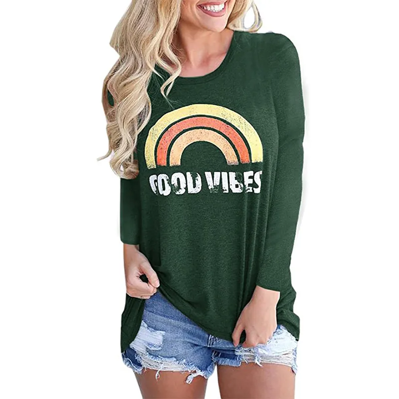 

2019 Spring Long Sleeve T-Shirt Women Rainbow Letter Print Tee Shirt O-Neck Casual Loose T-Shirt Ladies Tops Tee Blusas Mujer