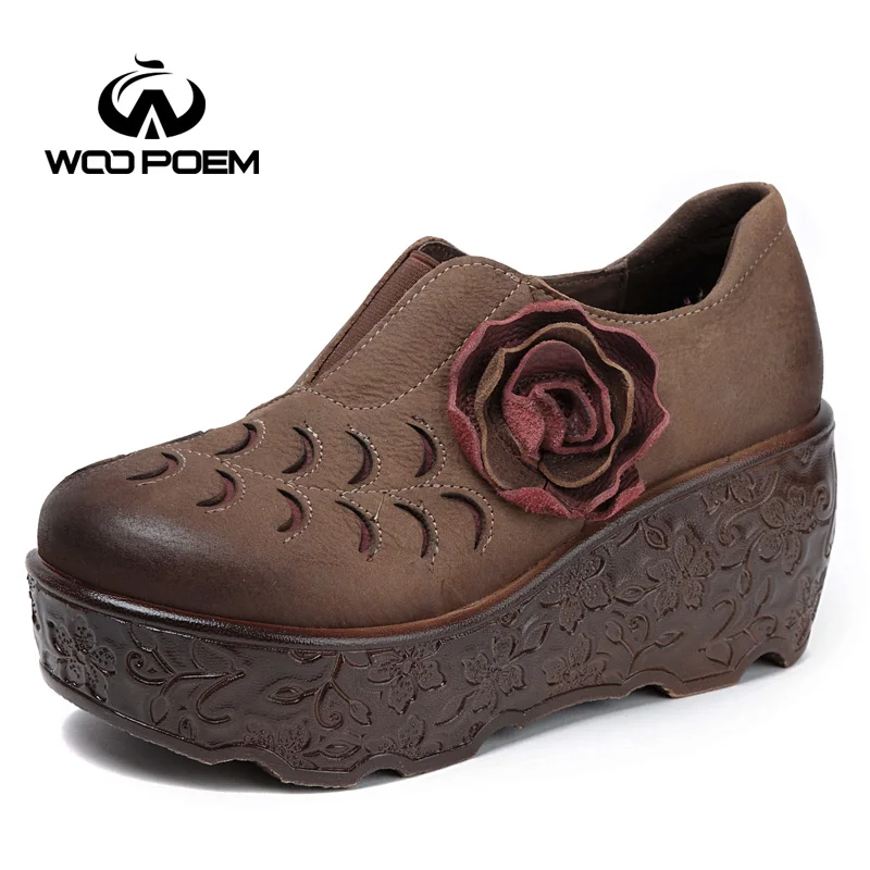 

WooPoem Spring Shoes Woman Genuine Leather Pumps Wedges High Heels Shoes Retro Flower Women Shoes Platform Women Pumps 85001