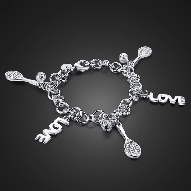 

Solid 925 sterling silver jewelry Tennis racket LOVE alphabet pure jewelry fashion Sterling Silver Bracelet