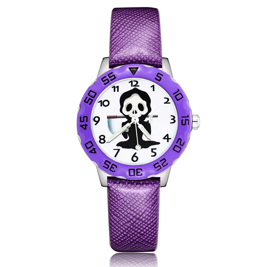 Purple Модные детские часы для девочек и мальчиков на Хэллоуин, кварцевые кожаные Наручные часы Clcok JM62 - Цвет: Purple