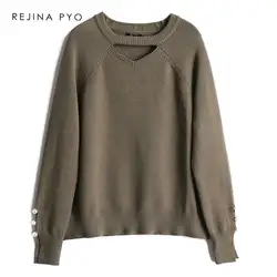 REJIANPYO Для женщин Армейский зеленый святить вне o-образным вырезом вязаный свитер женский сладкий пуловеры Дамская мода свободные Drop-Shoulder