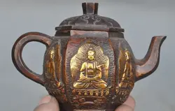 Отмечены Старый Китайский Бронзовый Свинка Будда Шакьямуни Статуя Чайник Чайник Чайный набор
