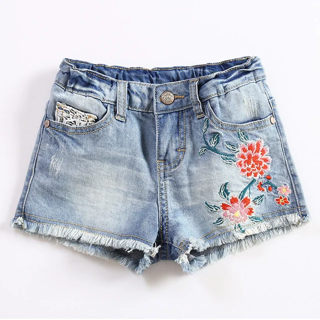 4 12 Years Girls floral Embroidered Denim Shorts 2017New Brand Kids