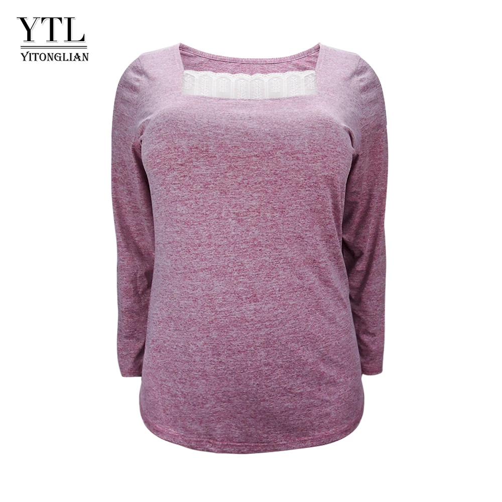 

YTL Women Tshirt Plus Size 100KG Top Comfortable Cotton Tunic Square Neck See-through Lace Long Sleeve T-shirt 6XL 7XL 8XL H148