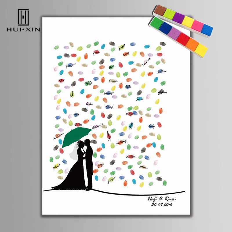 

Lovers Under the Green Umbrella Canvas Creative Free Name Date Wedding Fingerprint DIY Painting For Wedding Souvenirs Decor