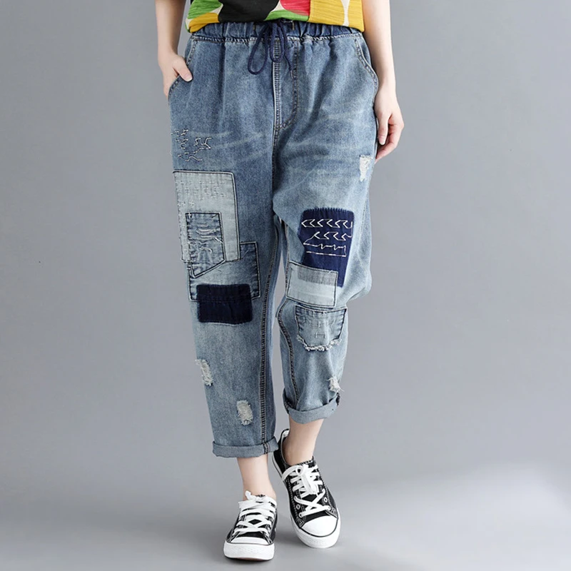 

Johnature Fashion Patchwork Denim Pants 2019 Summer New Elastic Waist Hole Tie Casual Ankle-Length Women Vintage Jeans Pants
