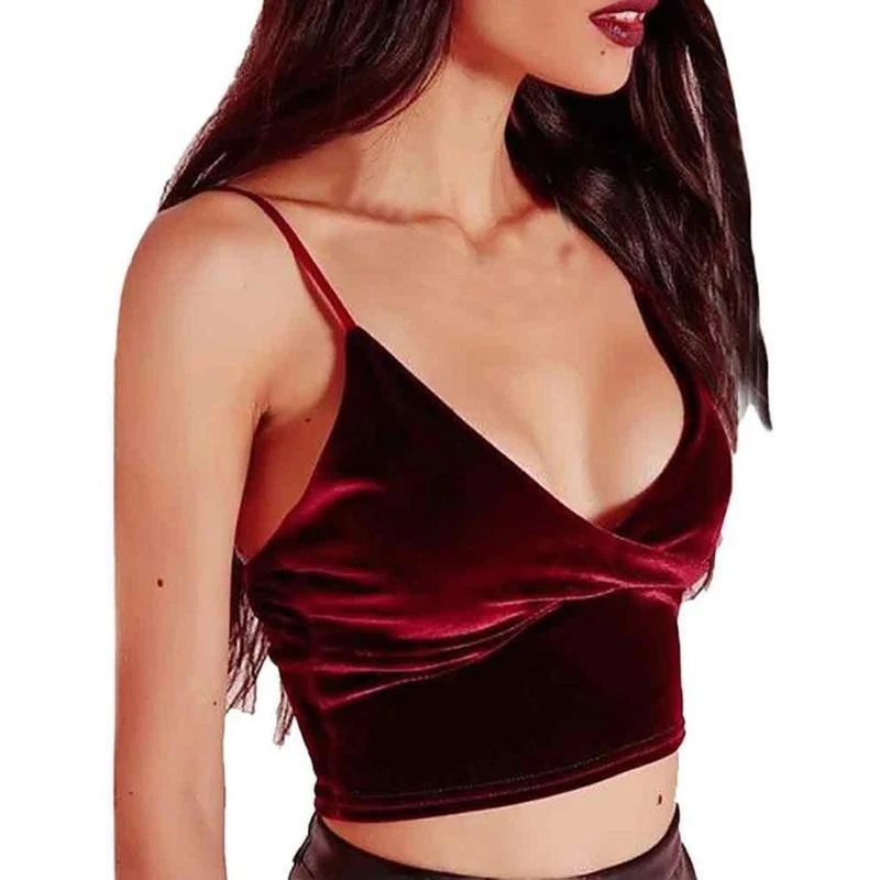 

Deep V-Neck Strap Tighten Up Midriff Camisole Women's Sexy Short Halter Tops Fashion Red Velvet Tank Tops Party Night Club Wear