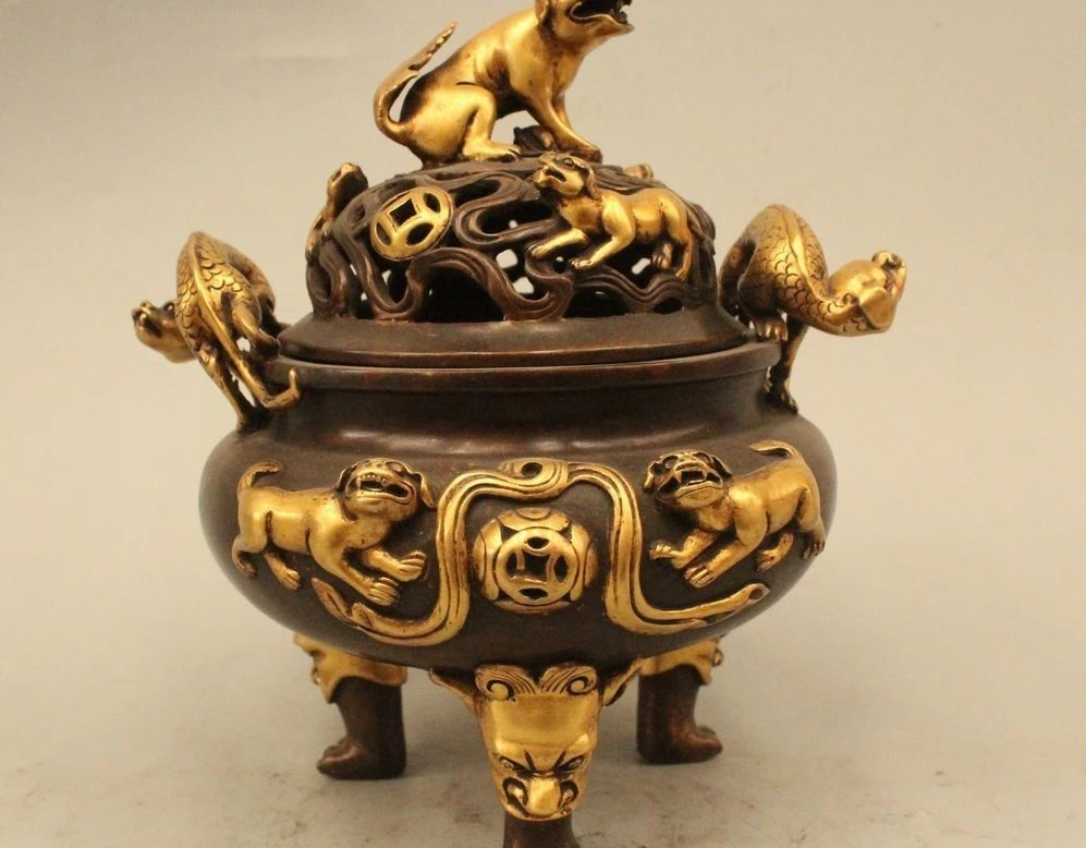 

7"Marked China Dynasty Palace Bronze 24k Gold Lion Dragon Incense Burner Censer