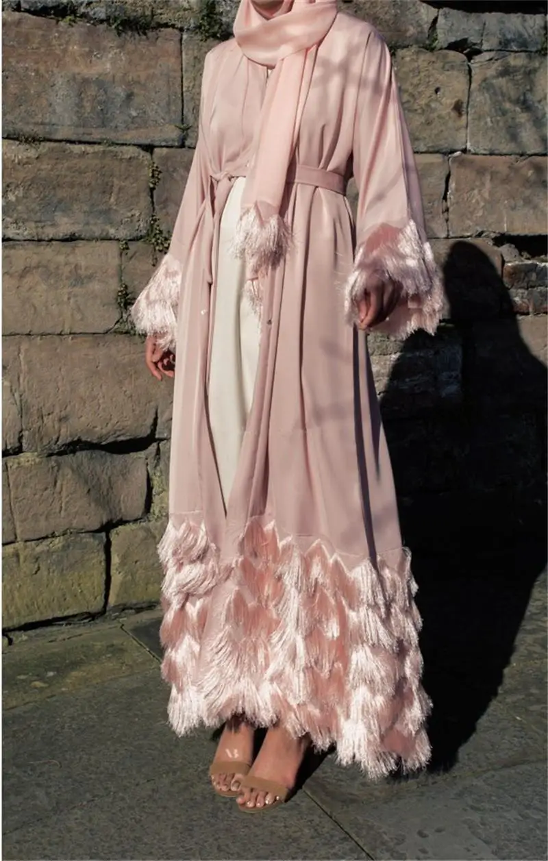 Мусульманское Абаи блестками Пояса платье перо сетчатый кардиган Туника кимоно длинный халат Jubah Ближний Восток Рамадан Арабский