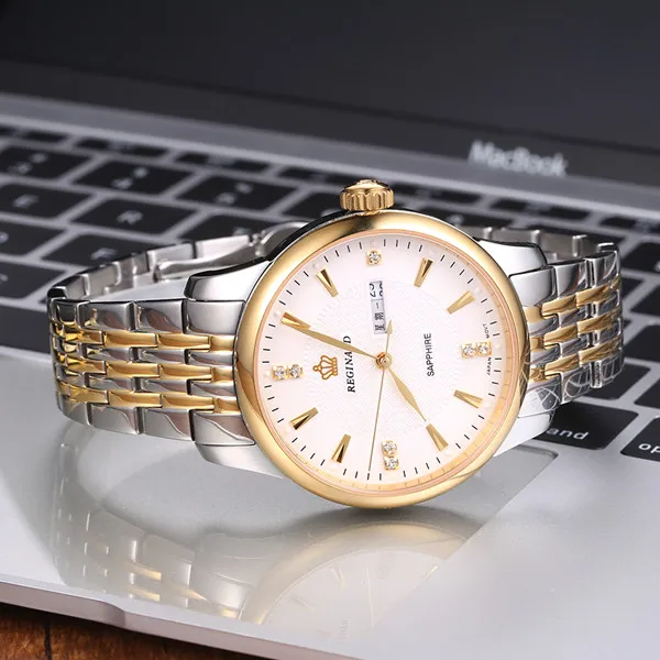 Реджинальд люксовый бренд мужские s деловые нарядные часы стиль водонепроницаемый стальной браслет мужские кварцевые часы - Цвет: Gold white