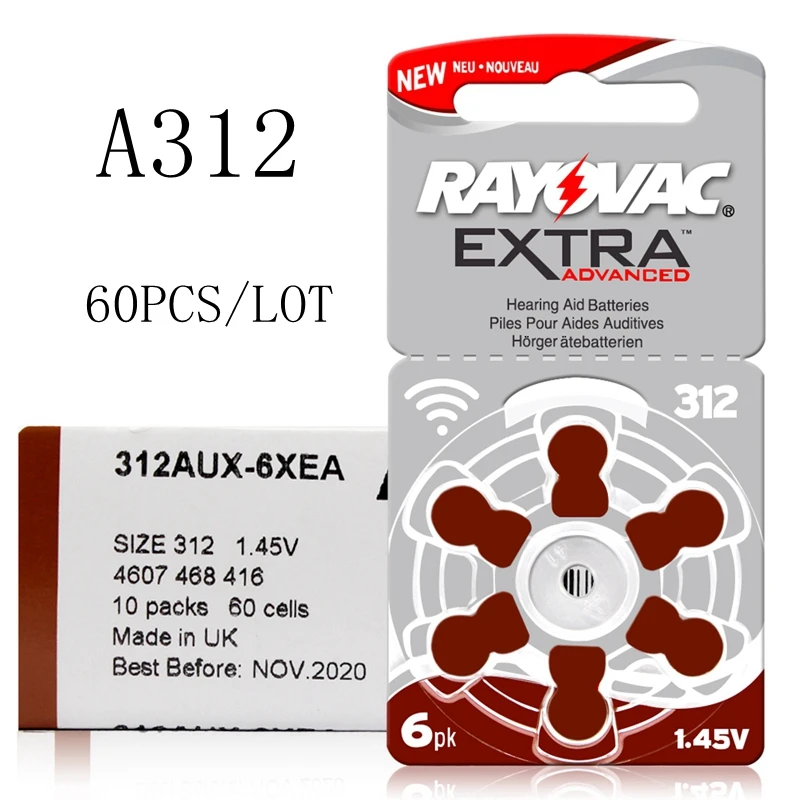 New 60 pcs/10card Rayovac Extra 1.45V Performance Hearing Aid Batteries. Zinc Air 312/A312/PR41 Battery for CIC Hearing aids