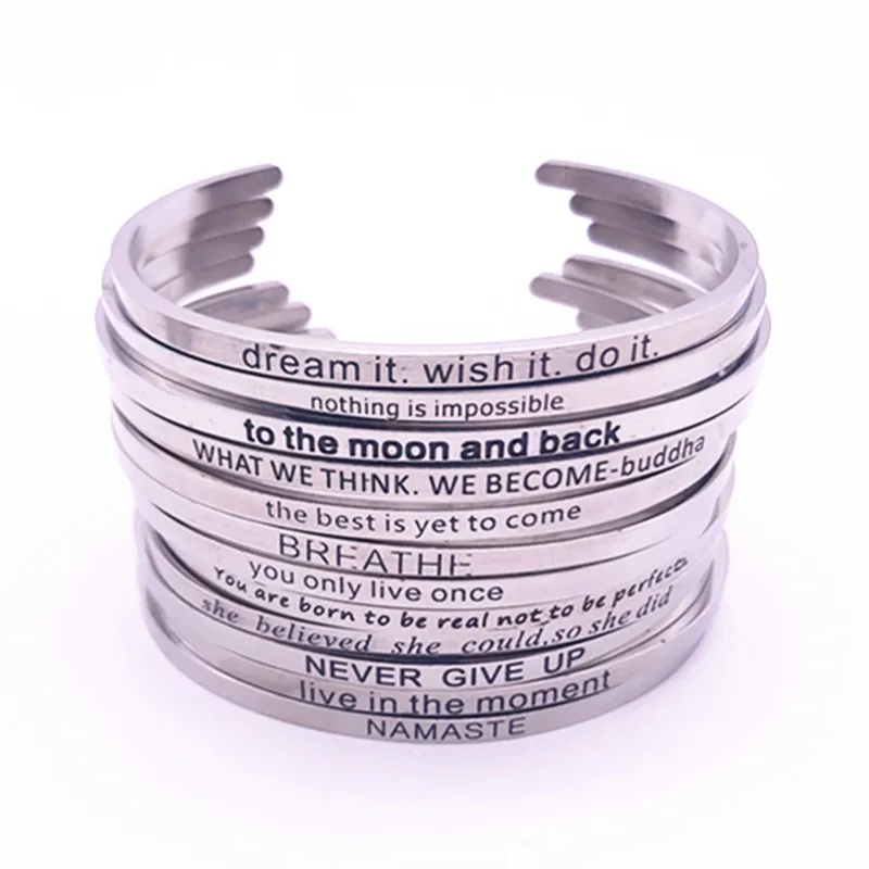 

Silver Custom Stainless Steel Engraved Message Bracelet Personalized Positive Inspirational Letter Bracelet & Bangle For Women