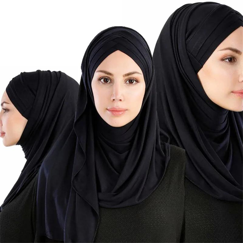 women plain bubble cotton jersey scarf Head hijab wrap solid instant shawls foulard femme muslim hijabs store ready to wear - Цвет: Black